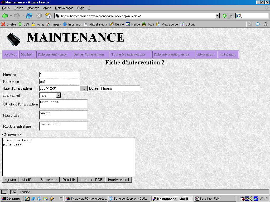 screenshoot gestion de maintenance